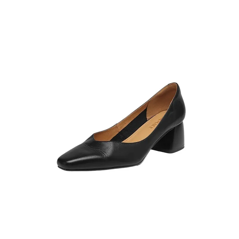 In-stock video: Spring/Autumn style chunky heeled high heel square toe low-cut single shoes, cowhide slip-on fashion women's shoes