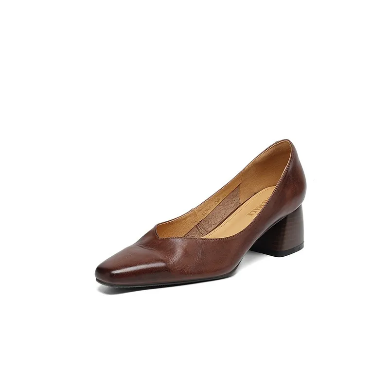 In-stock video: Spring/Autumn style chunky heeled high heel square toe low-cut single shoes, cowhide slip-on fashion women's shoes
