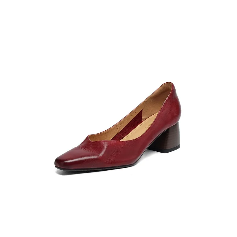 In-stock video: Spring/Autumn style chunky heeled high heel square toe low-cut single shoes, cowhide slip-on fashion women's shoes