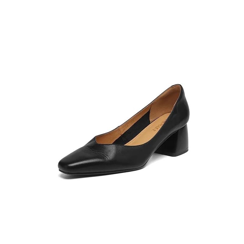 In-stock video: Spring/Autumn style chunky heeled high heel square toe low-cut single shoes, cowhide slip-on fashion women's shoes