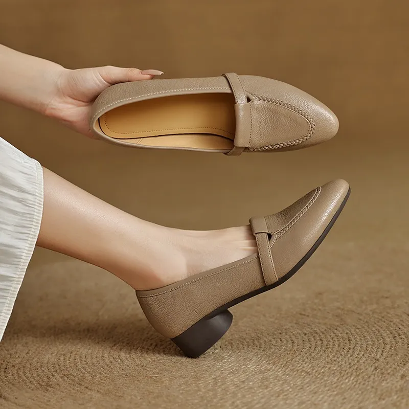 Autumn low-cut, chunky heel, round toe, sheepskin slip-on women's shoes, simple style, black, apricot, gray.