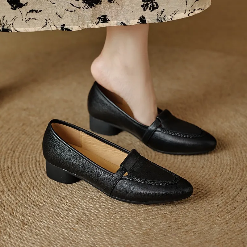 Autumn low-cut, chunky heel, round toe, sheepskin slip-on women's shoes, simple style, black, apricot, gray.