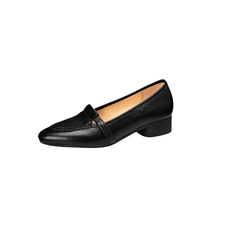 Autumn low-cut, chunky heel, round toe, sheepskin slip-on women's shoes, simple style, black, apricot, gray.