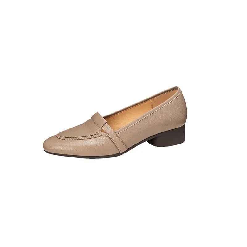 Autumn low-cut, chunky heel, round toe, sheepskin slip-on women's shoes, simple style, black, apricot, gray.