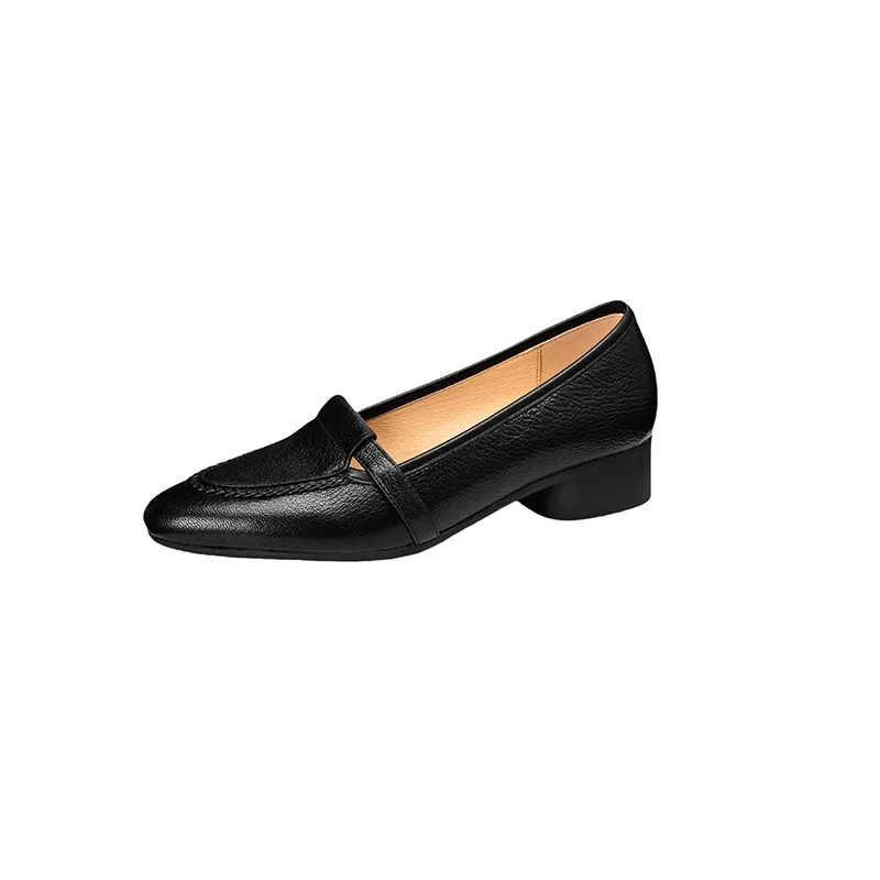 Autumn low-cut, chunky heel, round toe, sheepskin slip-on women's shoes, simple style, black, apricot, gray.