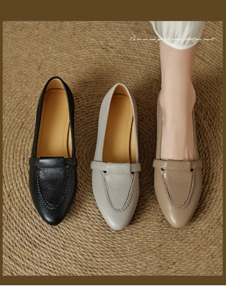 Autumn low-cut, chunky heel, round toe, sheepskin slip-on women's shoes, simple style, black, apricot, gray.