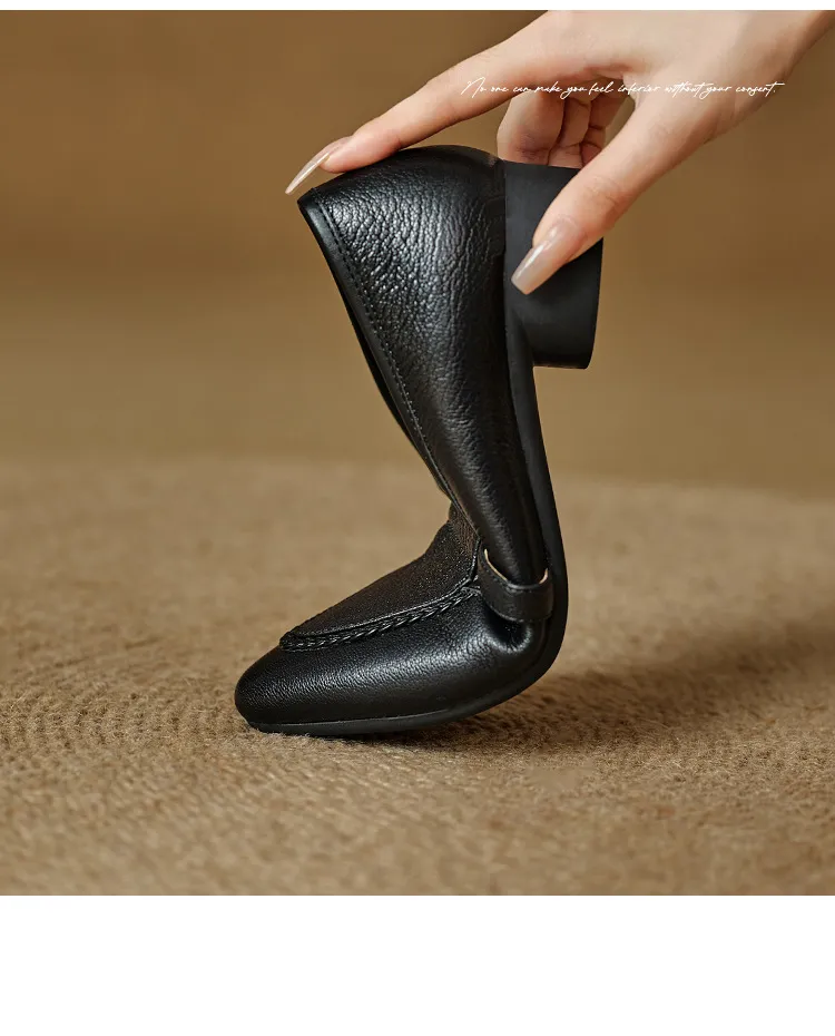 Autumn low-cut, chunky heel, round toe, sheepskin slip-on women's shoes, simple style, black, apricot, gray.