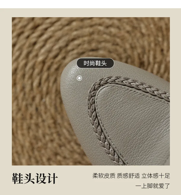 Autumn low-cut, chunky heel, round toe, sheepskin slip-on women's shoes, simple style, black, apricot, gray.