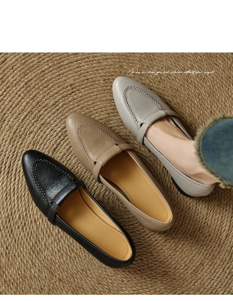 Autumn low-cut, chunky heel, round toe, sheepskin slip-on women's shoes, simple style, black, apricot, gray.