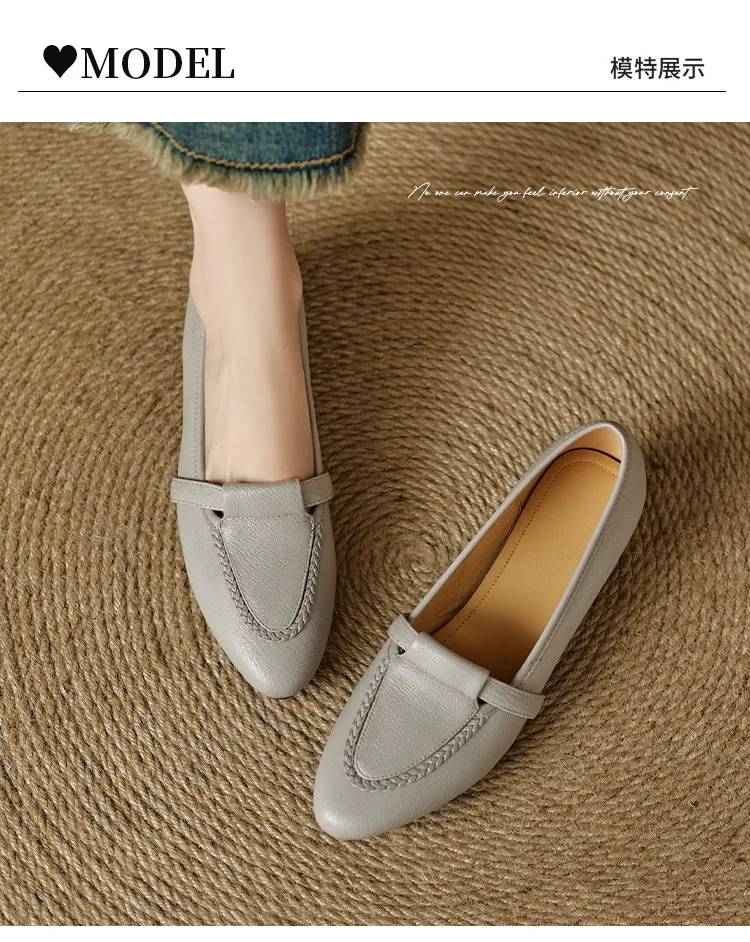 Autumn low-cut, chunky heel, round toe, sheepskin slip-on women's shoes, simple style, black, apricot, gray.