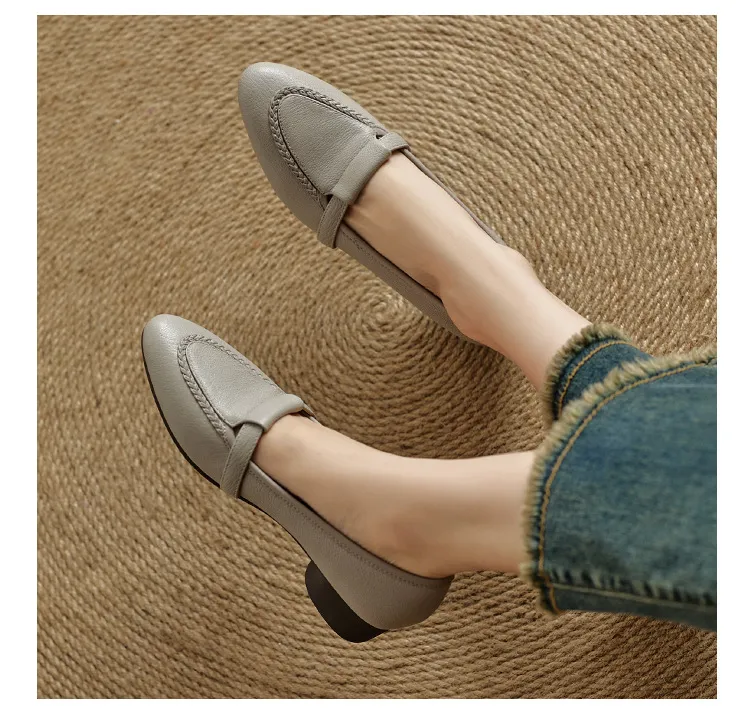 Autumn low-cut, chunky heel, round toe, sheepskin slip-on women's shoes, simple style, black, apricot, gray.