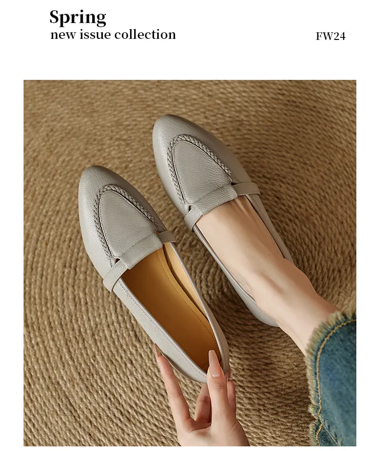 Autumn low-cut, chunky heel, round toe, sheepskin slip-on women's shoes, simple style, black, apricot, gray.