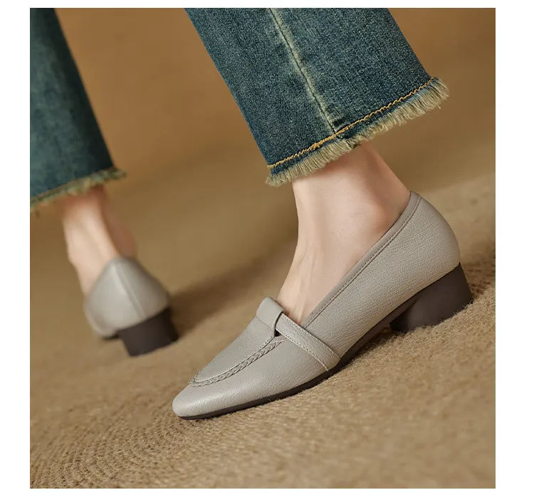 Autumn low-cut, chunky heel, round toe, sheepskin slip-on women's shoes, simple style, black, apricot, gray.