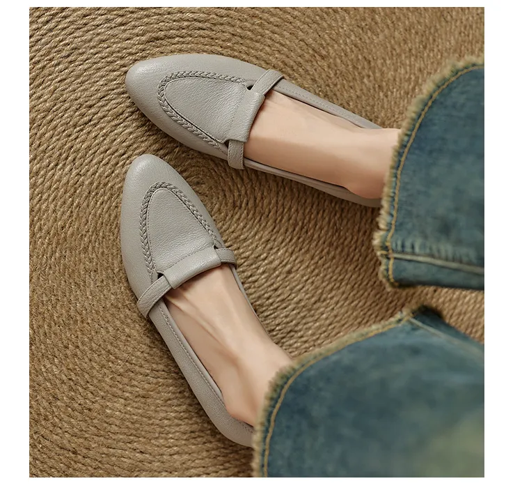 Autumn low-cut, chunky heel, round toe, sheepskin slip-on women's shoes, simple style, black, apricot, gray.