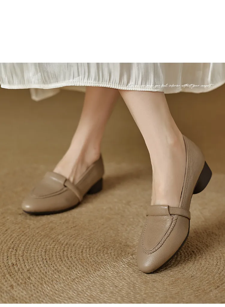 Autumn low-cut, chunky heel, round toe, sheepskin slip-on women's shoes, simple style, black, apricot, gray.