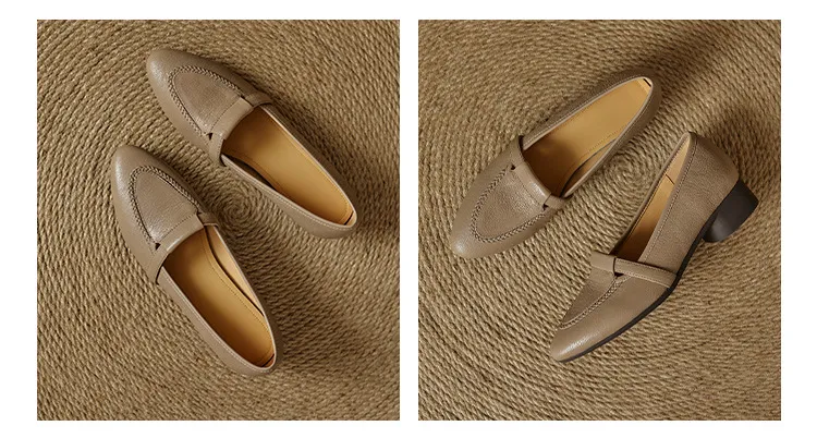 Autumn low-cut, chunky heel, round toe, sheepskin slip-on women's shoes, simple style, black, apricot, gray.