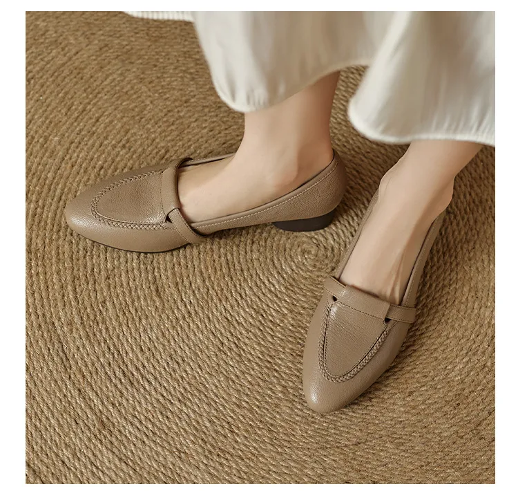Autumn low-cut, chunky heel, round toe, sheepskin slip-on women's shoes, simple style, black, apricot, gray.