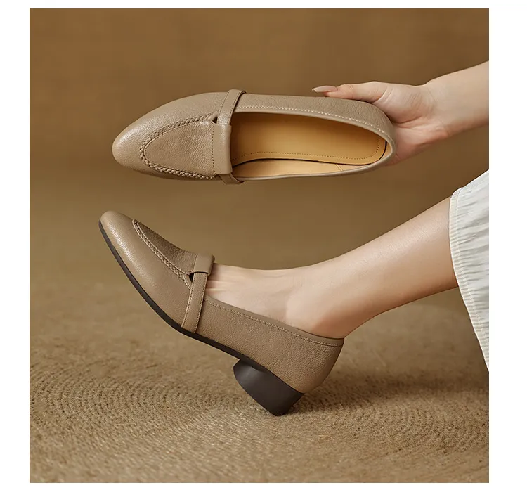 Autumn low-cut, chunky heel, round toe, sheepskin slip-on women's shoes, simple style, black, apricot, gray.