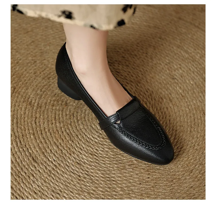 Autumn low-cut, chunky heel, round toe, sheepskin slip-on women's shoes, simple style, black, apricot, gray.