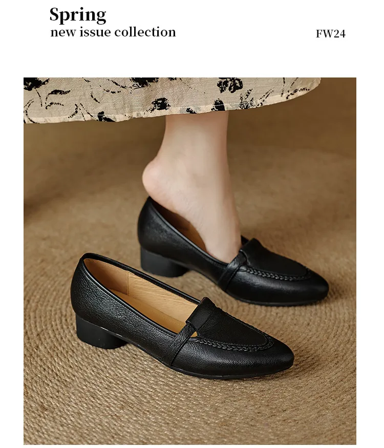Autumn low-cut, chunky heel, round toe, sheepskin slip-on women's shoes, simple style, black, apricot, gray.