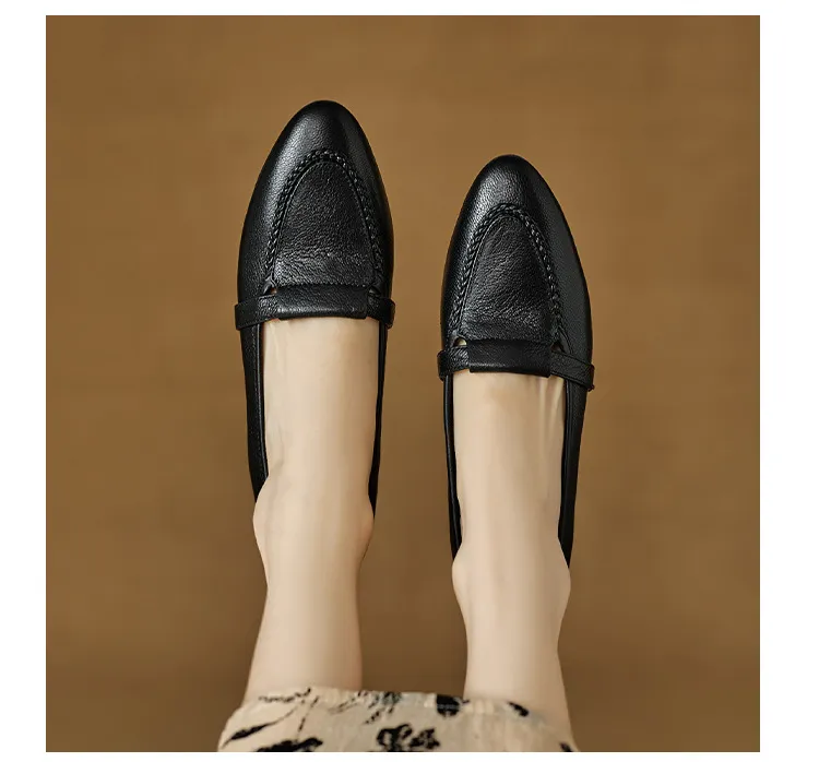 Autumn low-cut, chunky heel, round toe, sheepskin slip-on women's shoes, simple style, black, apricot, gray.