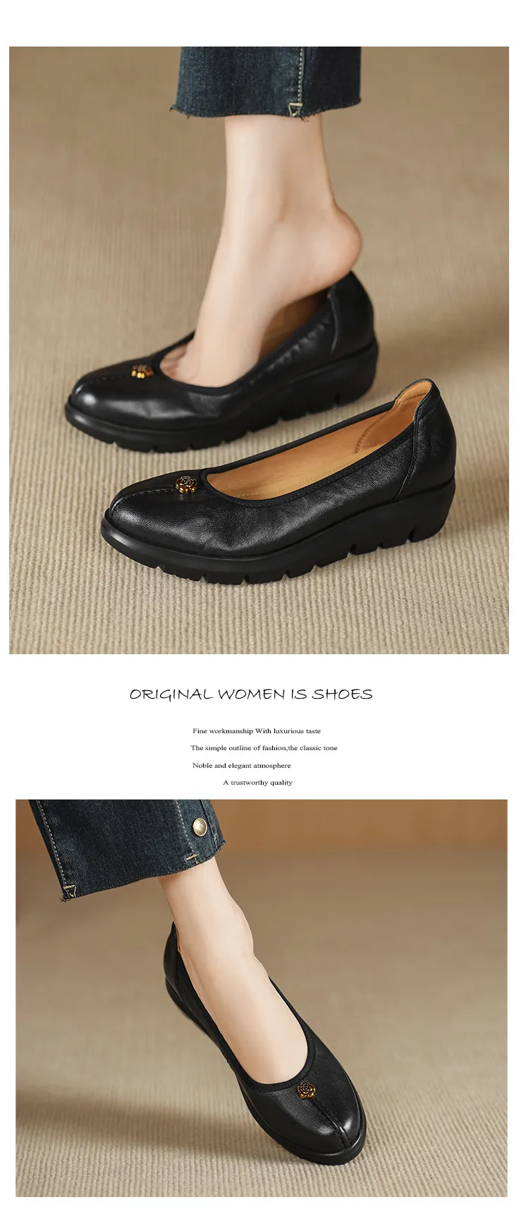 Autumn thick-soled flat shoes, round toe, low-cut, comfortable and soft sheepskin women's shoes