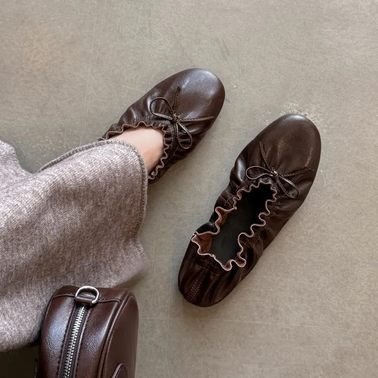 Autumn/Winter Round Toe Flat Egg Roll Shoes with Bow Knot Leather Fashion Women's Shoes 8-5j