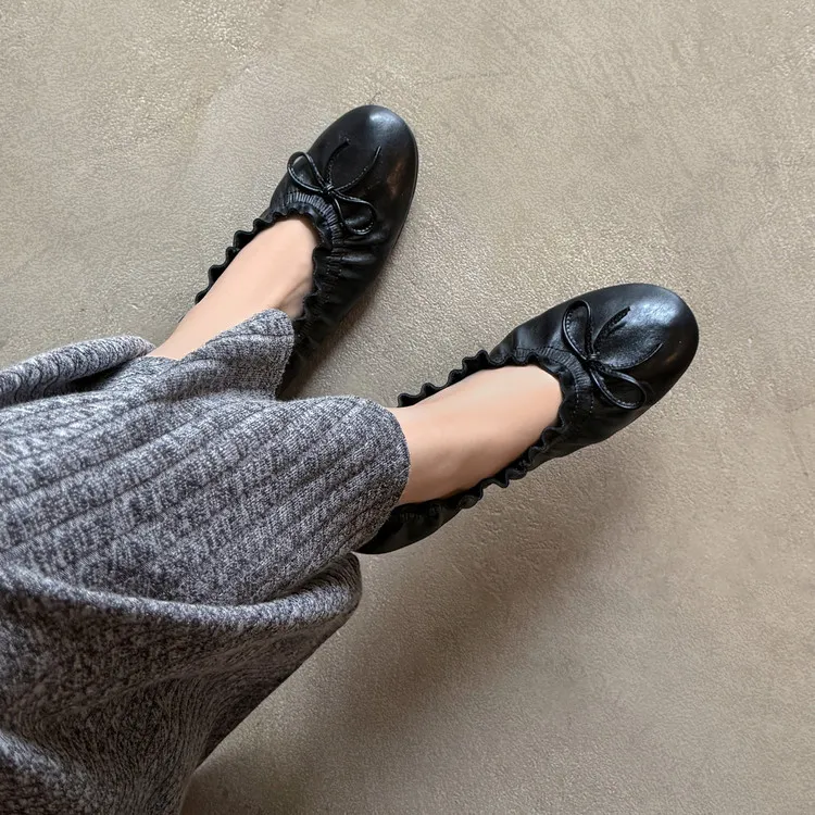Autumn/Winter Round Toe Flat Egg Roll Shoes with Bow Knot Leather Fashion Women's Shoes 8-5j