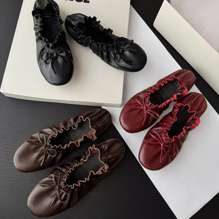 Autumn/Winter Round Toe Flat Egg Roll Shoes with Bow Knot Leather Fashion Women's Shoes 8-5j