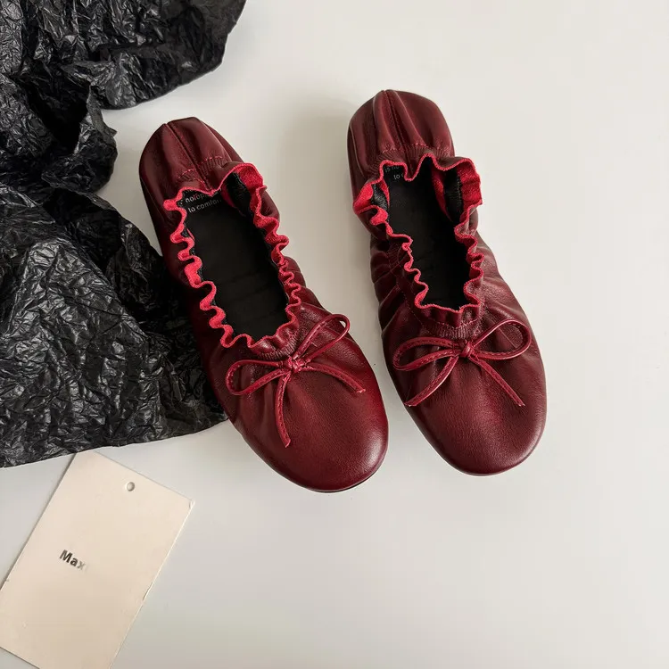 Autumn/Winter Round Toe Flat Egg Roll Shoes with Bow Knot Leather Fashion Women's Shoes 8-5j