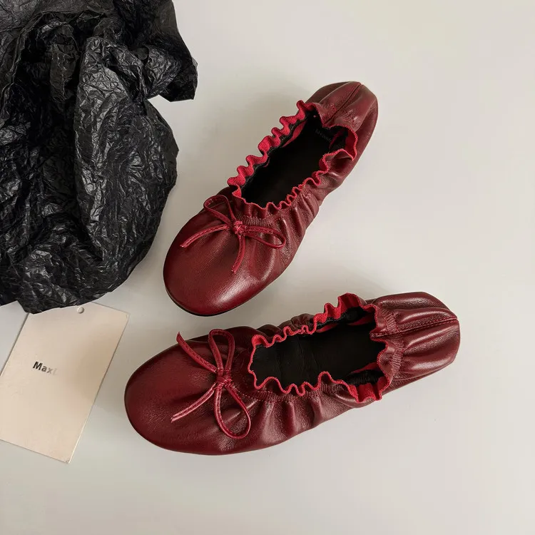 Autumn/Winter Round Toe Flat Egg Roll Shoes with Bow Knot Leather Fashion Women's Shoes 8-5j