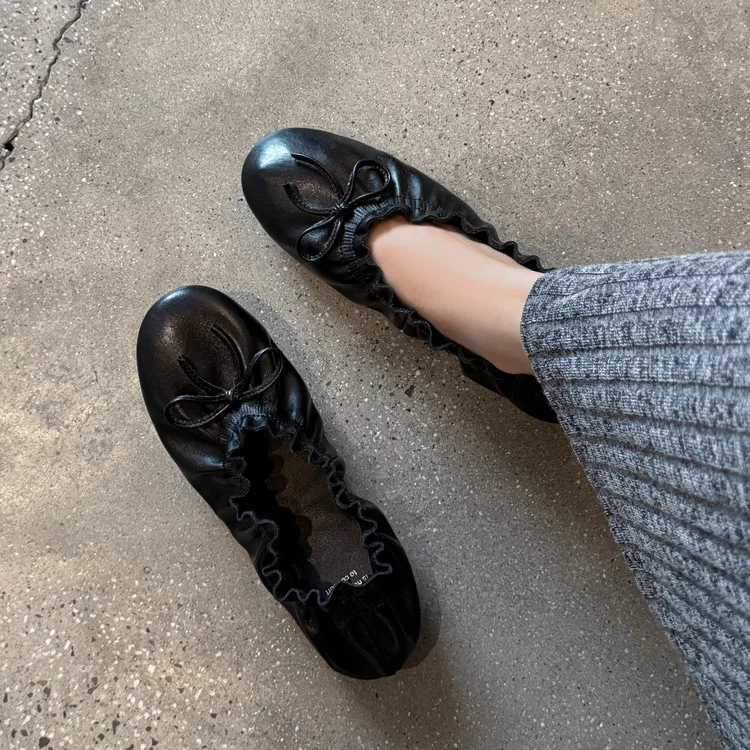 Autumn/Winter Round Toe Flat Egg Roll Shoes with Bow Knot Leather Fashion Women's Shoes 8-5j
