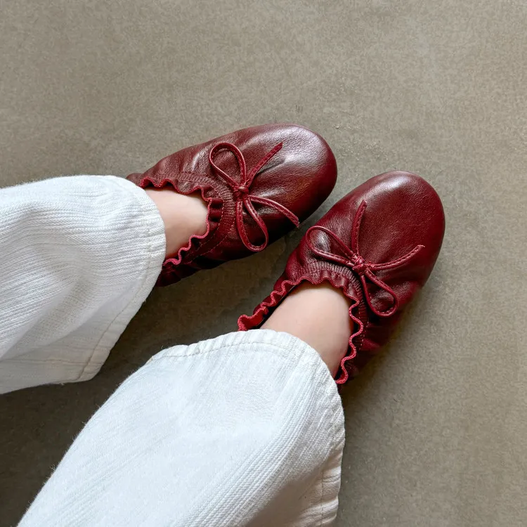 Autumn/Winter Round Toe Flat Egg Roll Shoes with Bow Knot Leather Fashion Women's Shoes 8-5j
