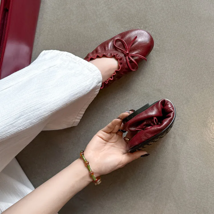 Autumn/Winter Round Toe Flat Egg Roll Shoes with Bow Knot Leather Fashion Women's Shoes 8-5j