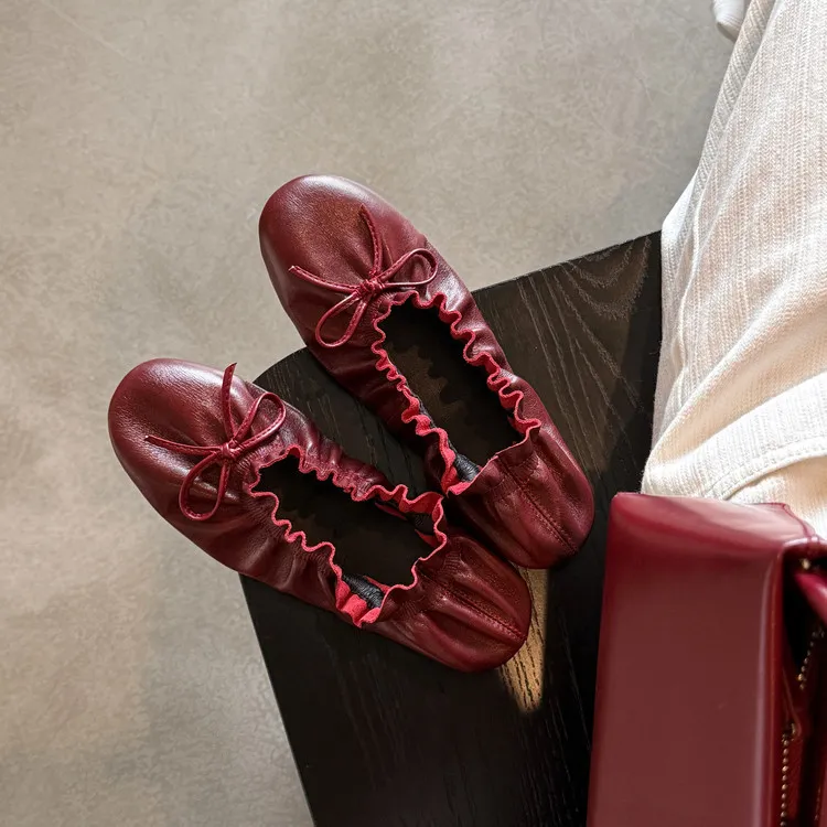 Autumn/Winter Round Toe Flat Egg Roll Shoes with Bow Knot Leather Fashion Women's Shoes 8-5j