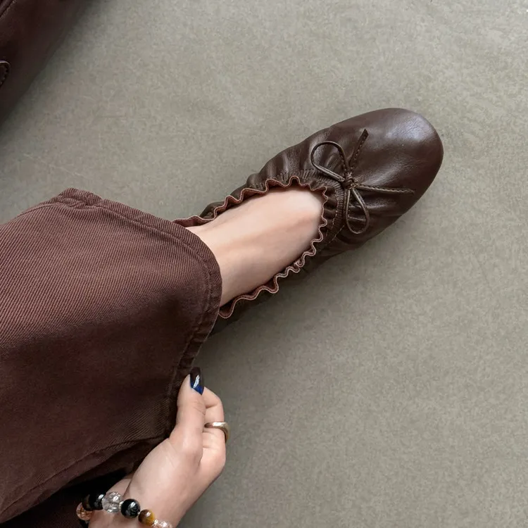 Autumn/Winter Round Toe Flat Egg Roll Shoes with Bow Knot Leather Fashion Women's Shoes 8-5j