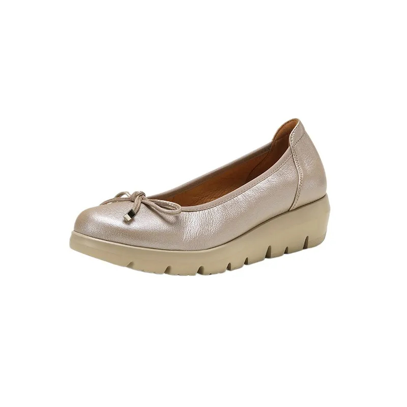 Autumn low-cut slip-on women's shoes with round toe, thick sole, and bow.