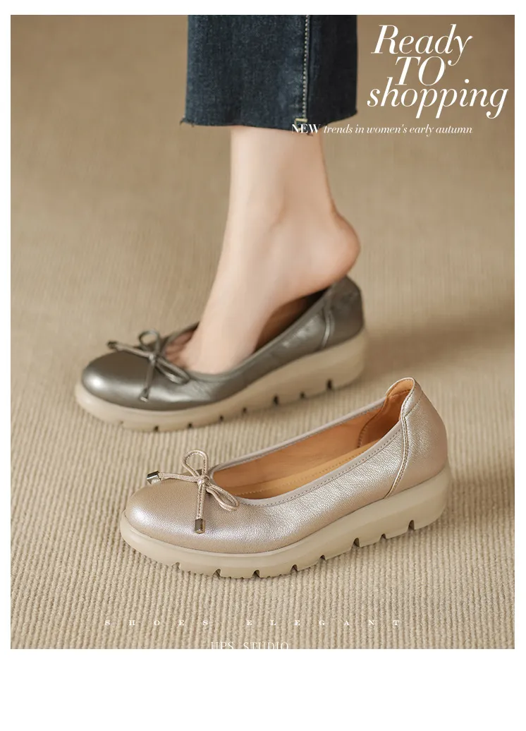 Autumn low-cut slip-on women's shoes with round toe, thick sole, and bow.