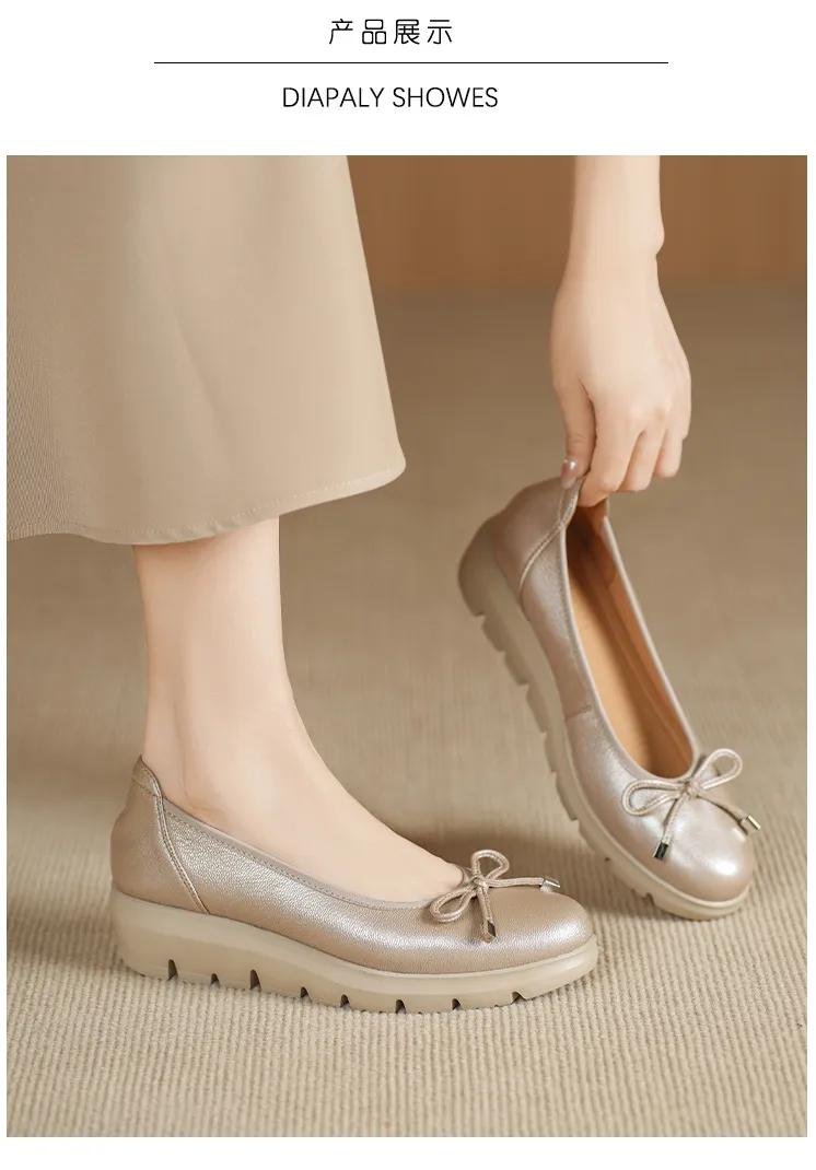 Autumn low-cut slip-on women's shoes with round toe, thick sole, and bow.