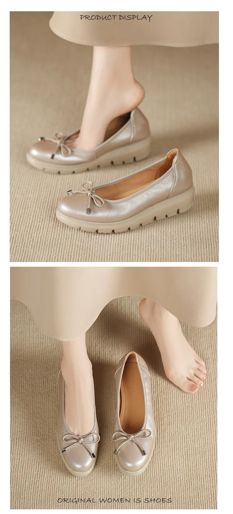 Autumn low-cut slip-on women's shoes with round toe, thick sole, and bow.