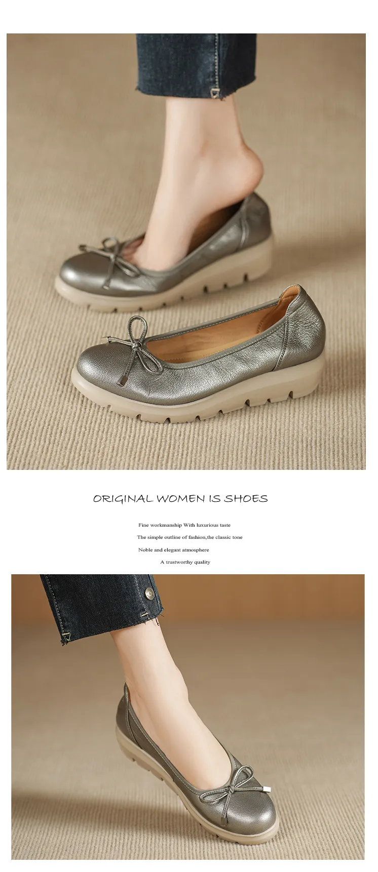 Autumn low-cut slip-on women's shoes with round toe, thick sole, and bow.