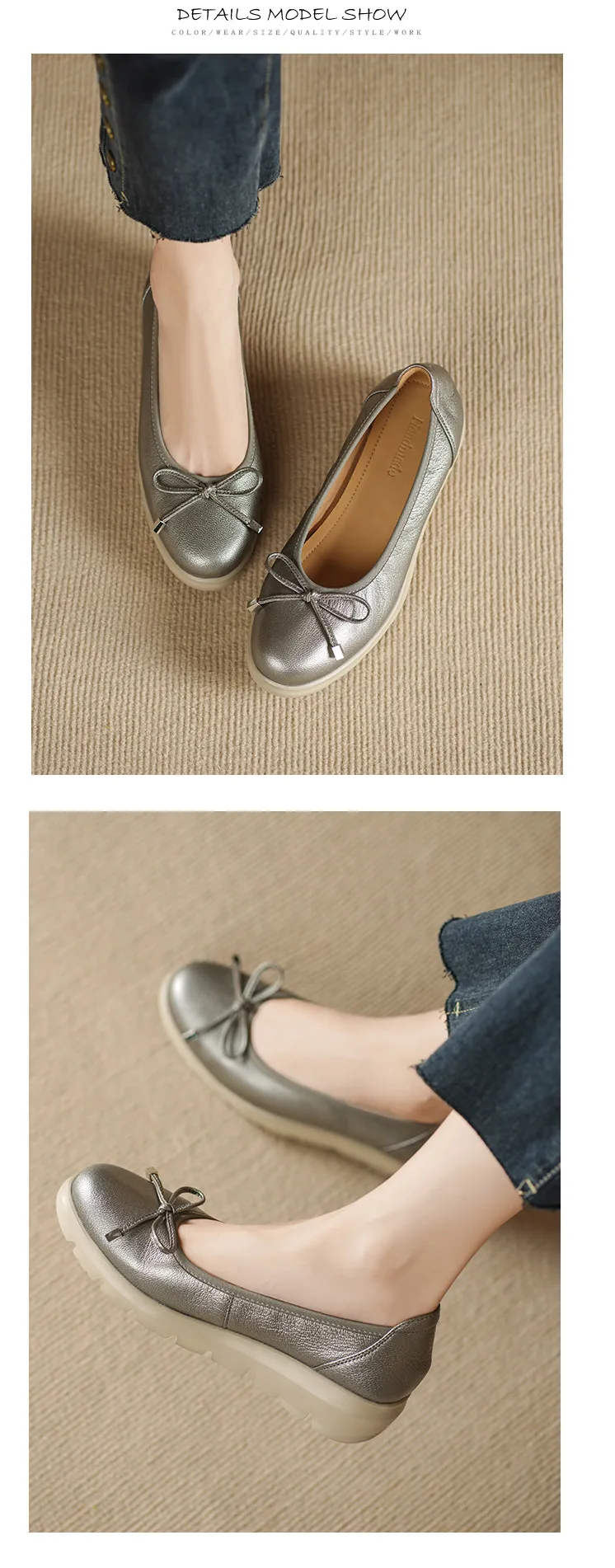 Autumn low-cut slip-on women's shoes with round toe, thick sole, and bow.