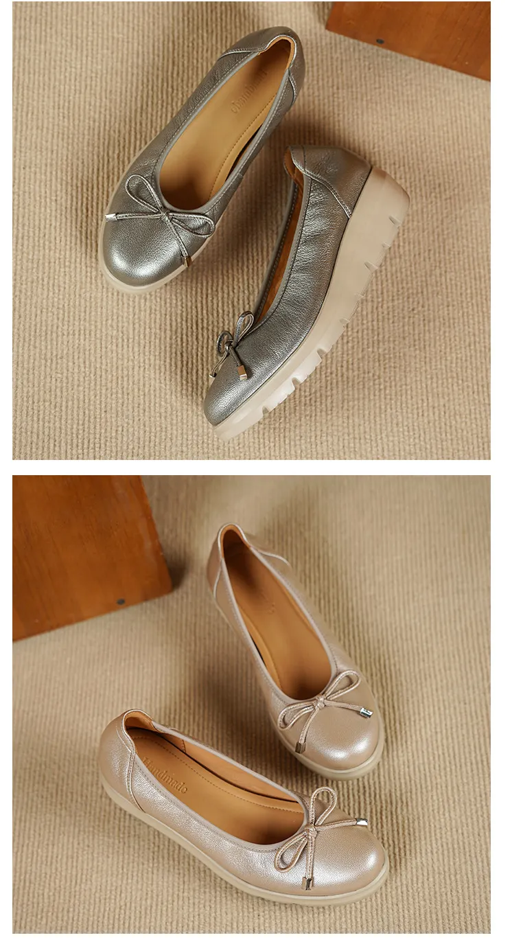 Autumn low-cut slip-on women's shoes with round toe, thick sole, and bow.