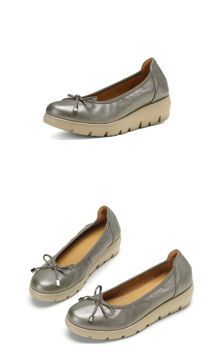 Autumn low-cut slip-on women's shoes with round toe, thick sole, and bow.