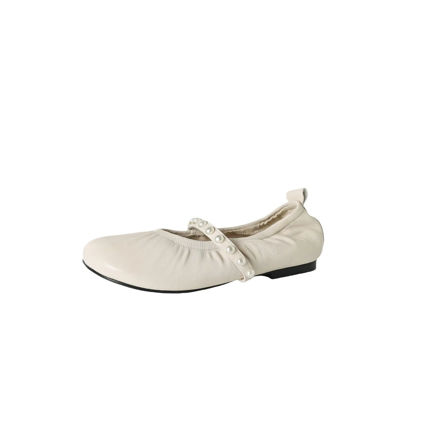 Autumn flat shoes, round toe, pearl-embellished sheepskin, comfortable Mary Jane ballet flats for women.