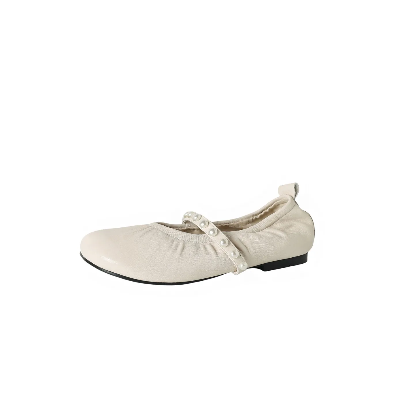 Autumn flat shoes, round toe, pearl-embellished sheepskin, comfortable Mary Jane ballet flats for women.