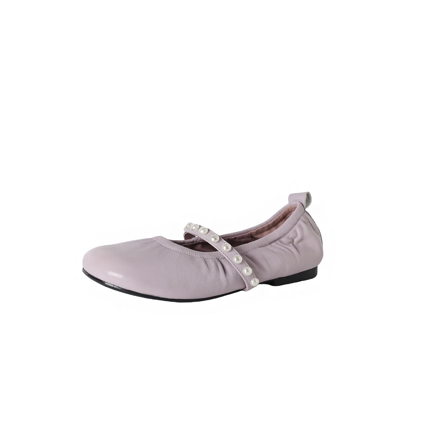 Autumn flat shoes, round toe, pearl-embellished sheepskin, comfortable Mary Jane ballet flats for women.