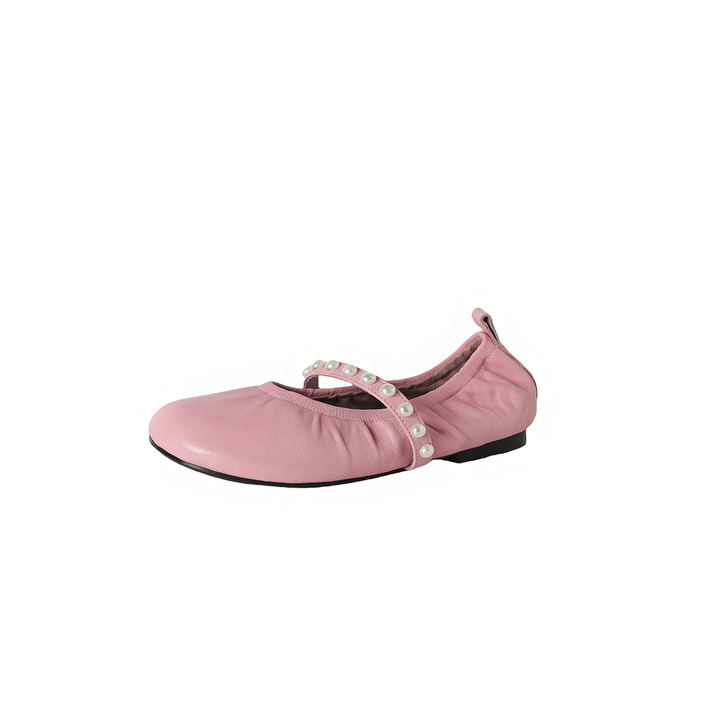 Autumn flat shoes, round toe, pearl-embellished sheepskin, comfortable Mary Jane ballet flats for women.