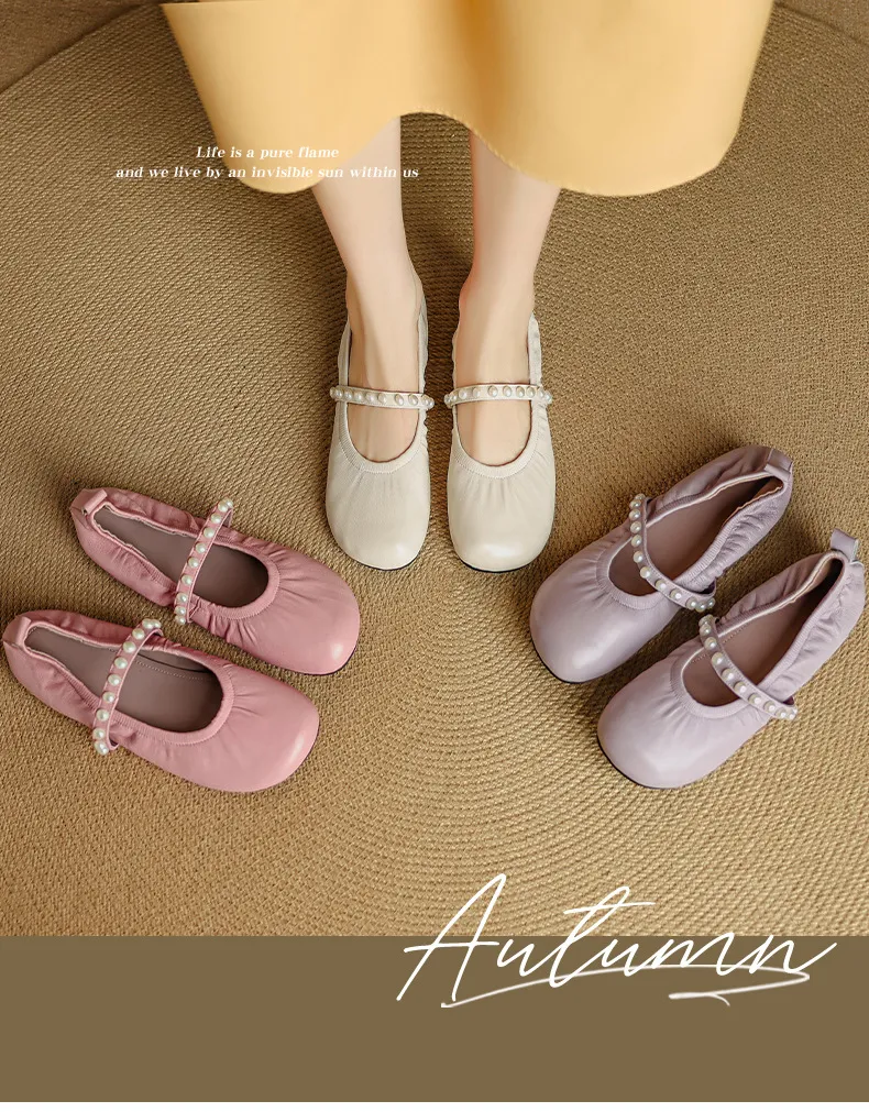 Autumn flat shoes, round toe, pearl-embellished sheepskin, comfortable Mary Jane ballet flats for women.