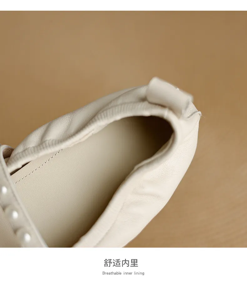 Autumn flat shoes, round toe, pearl-embellished sheepskin, comfortable Mary Jane ballet flats for women.